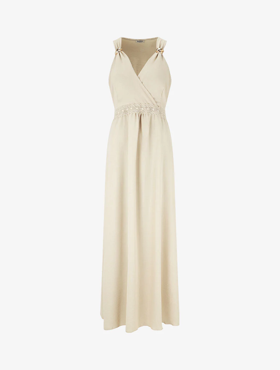 Vloeiende maxi-jurk met sieraad-bandjes - Beige