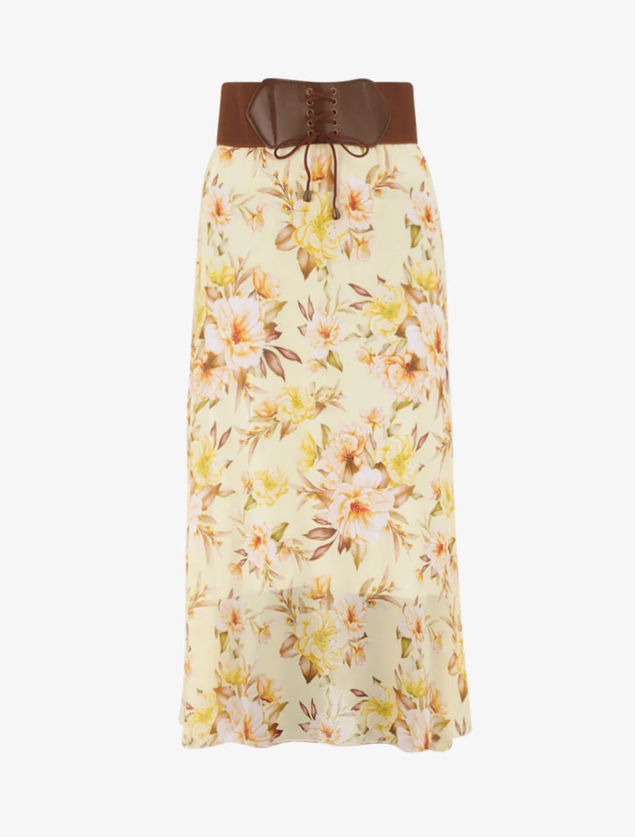 Vloeiende midi-rok met bloemenprint - Geel