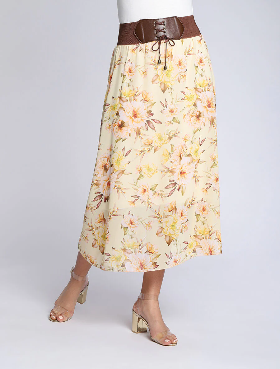 Vloeiende midi-rok met bloemenprint - Geel - Image 4