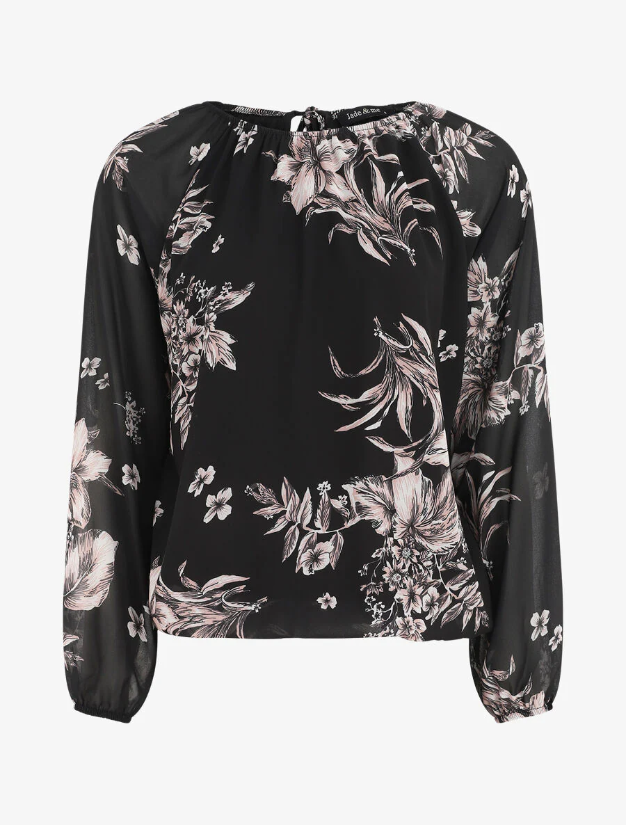 Voile blouse met bloemenprint - Zwart