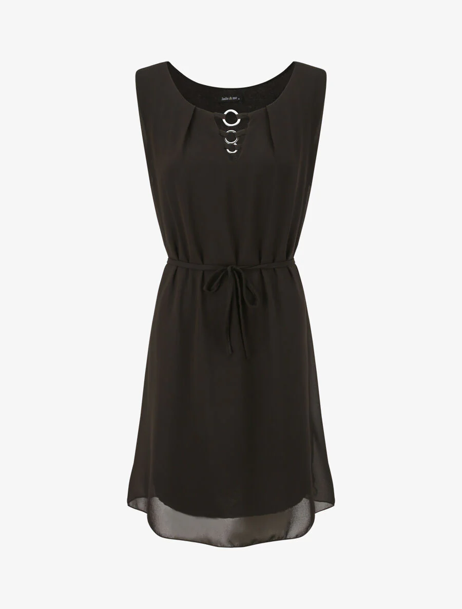 Voile jurk met ronde hals en ringdetail - Zwart
