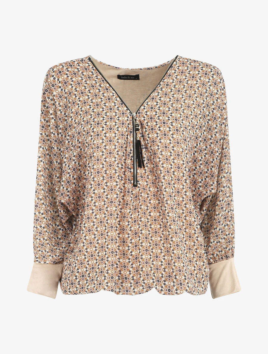 Wijde blouse met fleurige mozaïekprint en ritskraag - beige