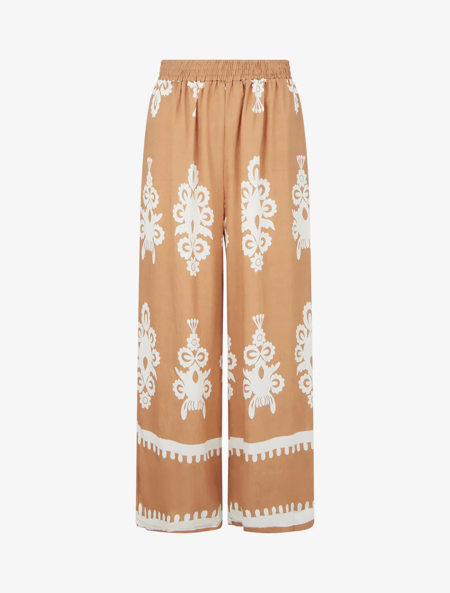 Wijde broek met arabeskprint - Kameel