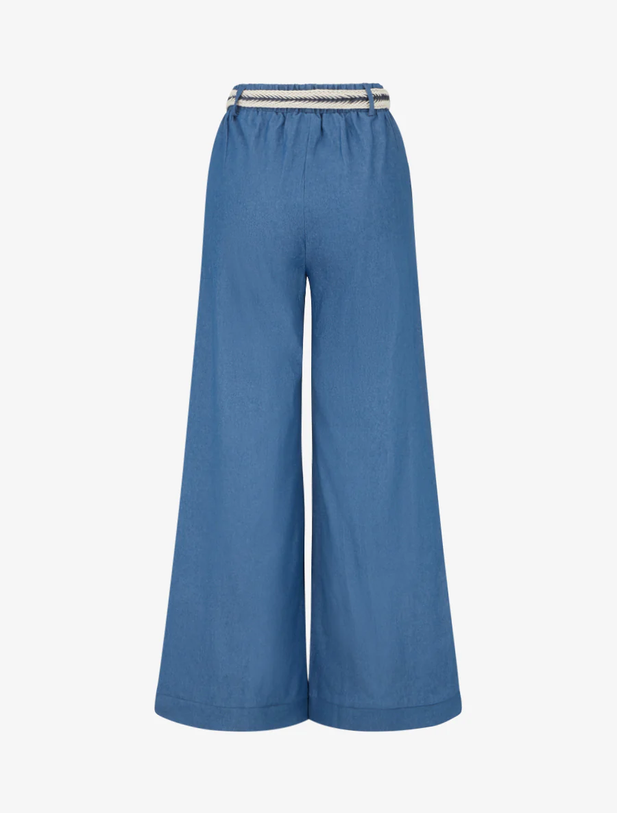 Wijde broek met hoge taille en ceintuur - Blauwe denim - Image 2