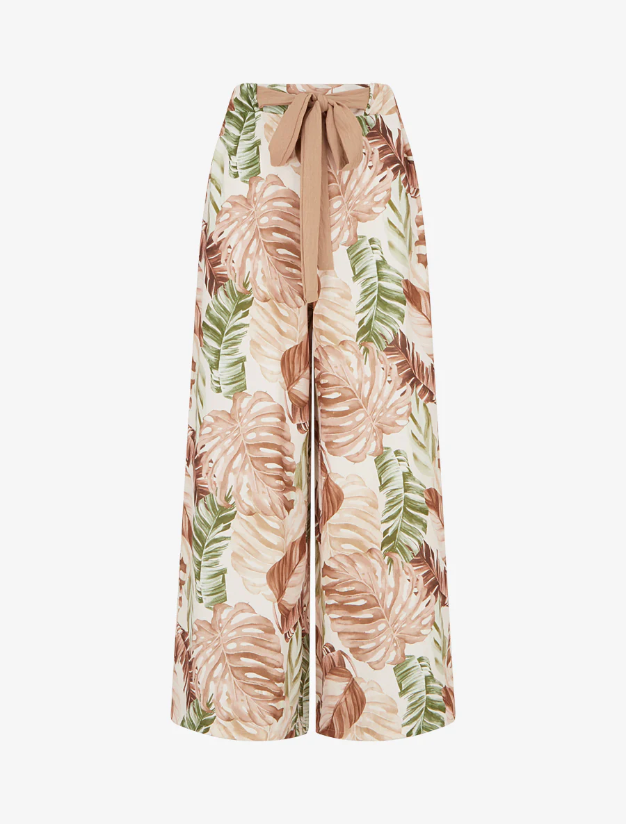 Wijde broek met tropische print - Bruin