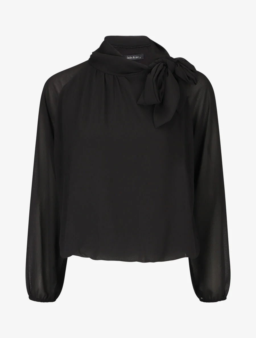 Wijde effen blouse met strikkraag - Zwart
