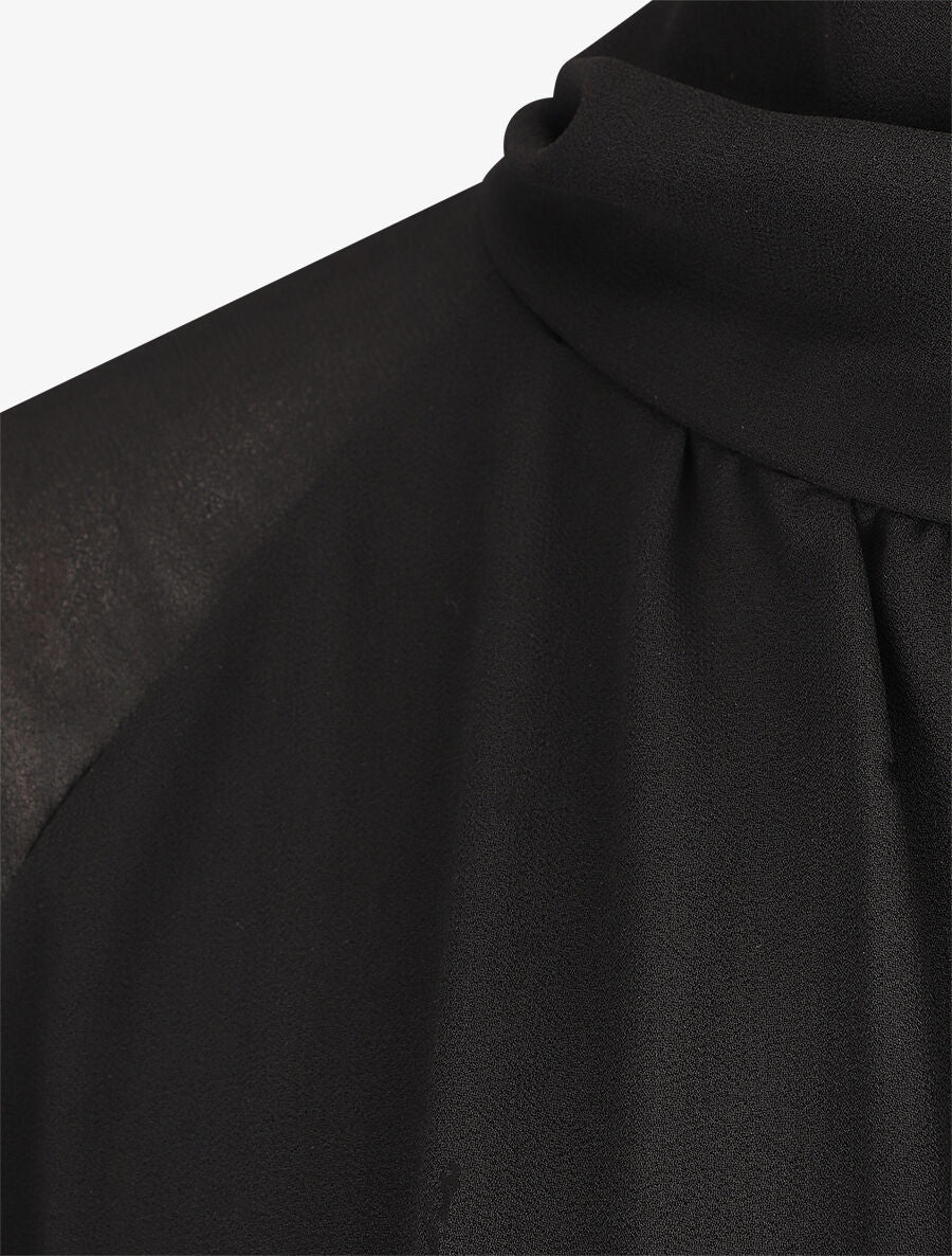 Wijde effen blouse met strikkraag - Zwart - Image 3
