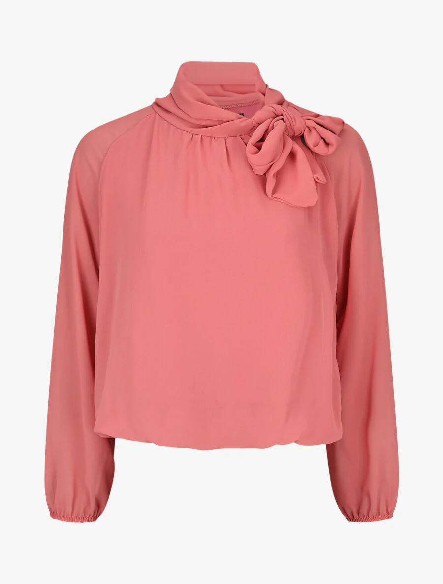 Wijde effen blouse met strikkraag - Roze