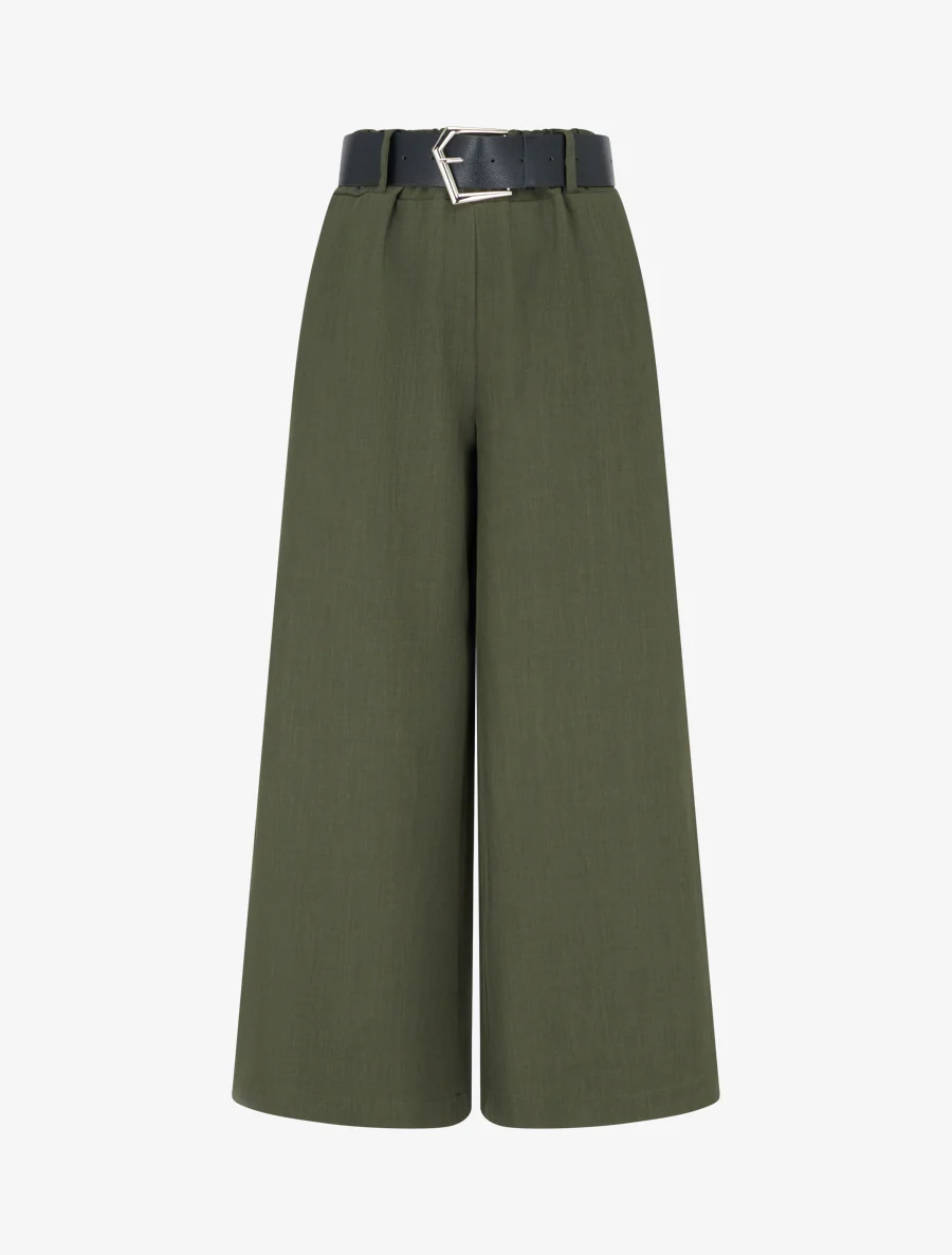 Wijde effen broek met hoge taille - Kaki