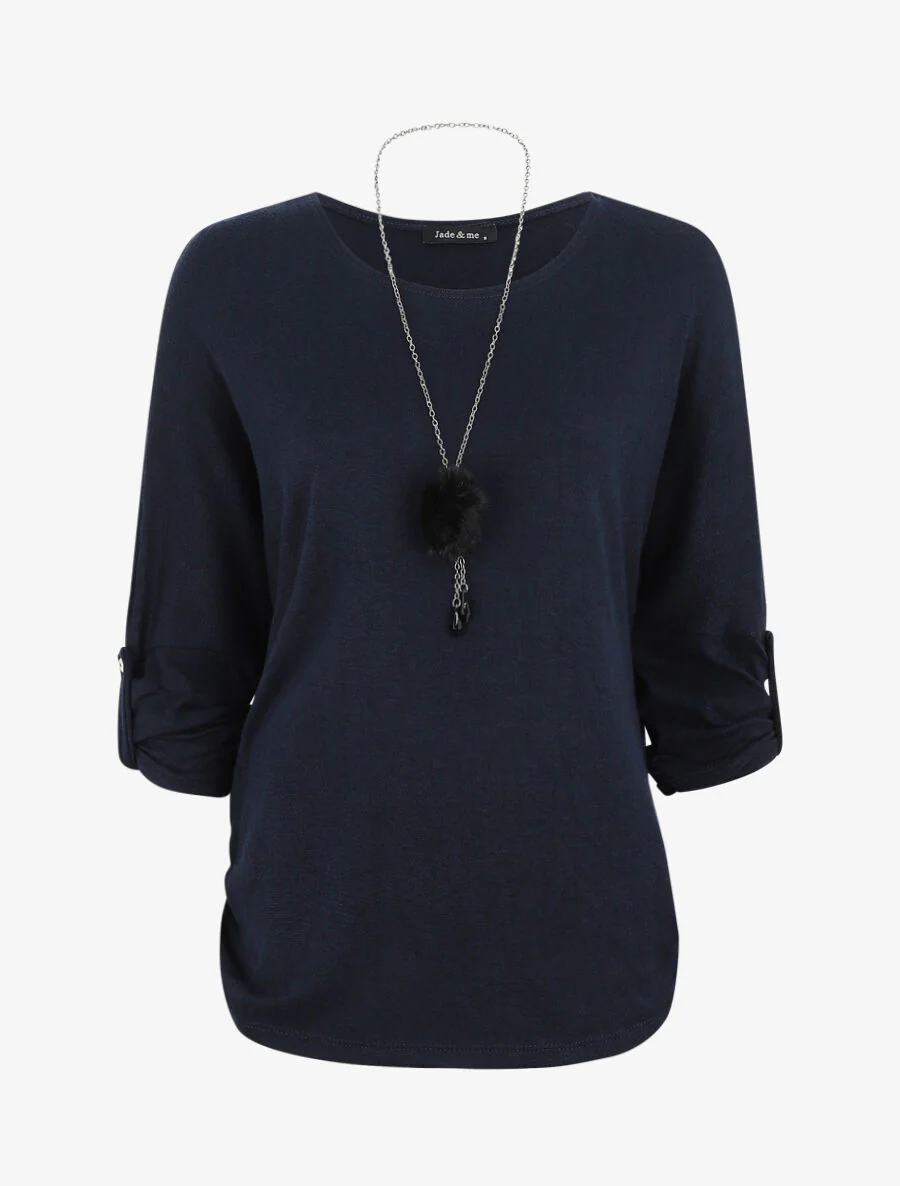 Effen ruime trui met ketting - Marineblauw