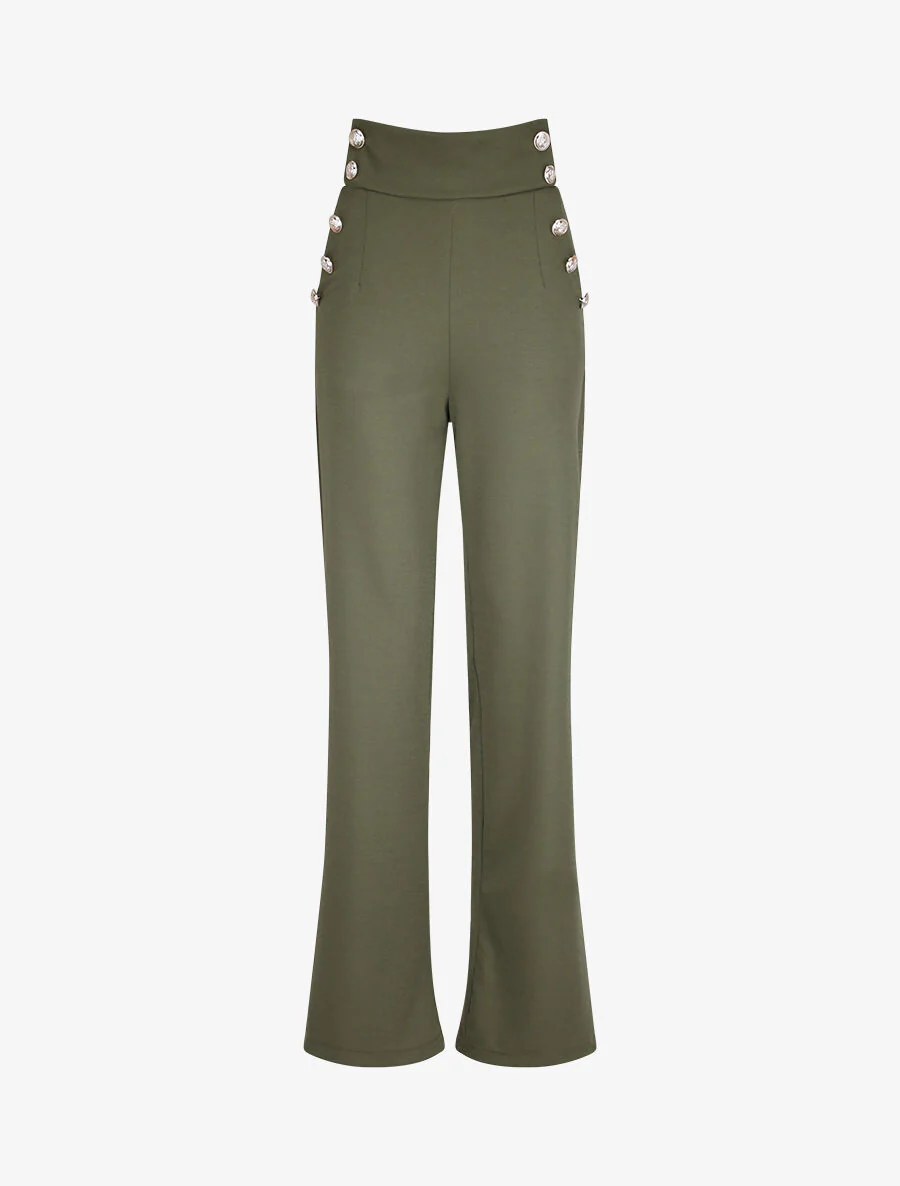 Wijde pijp en hoge taille broek - Kakigroen