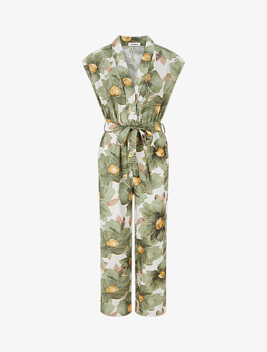 Wikkel jumpsuit met bloemenprint en overslagkraag - Kaki