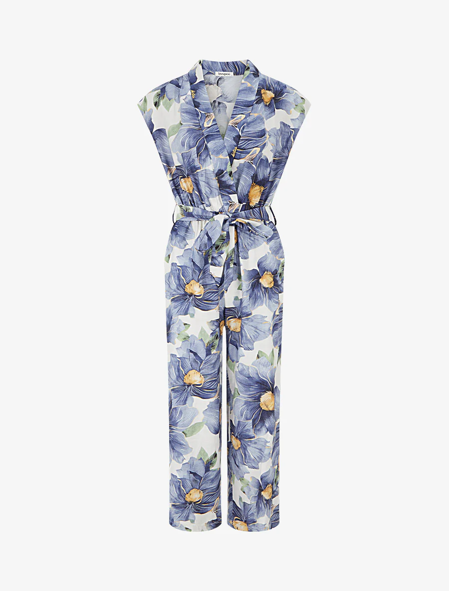 Wikkel jumpsuit met bloemenprint en overslagkraag - Blauw