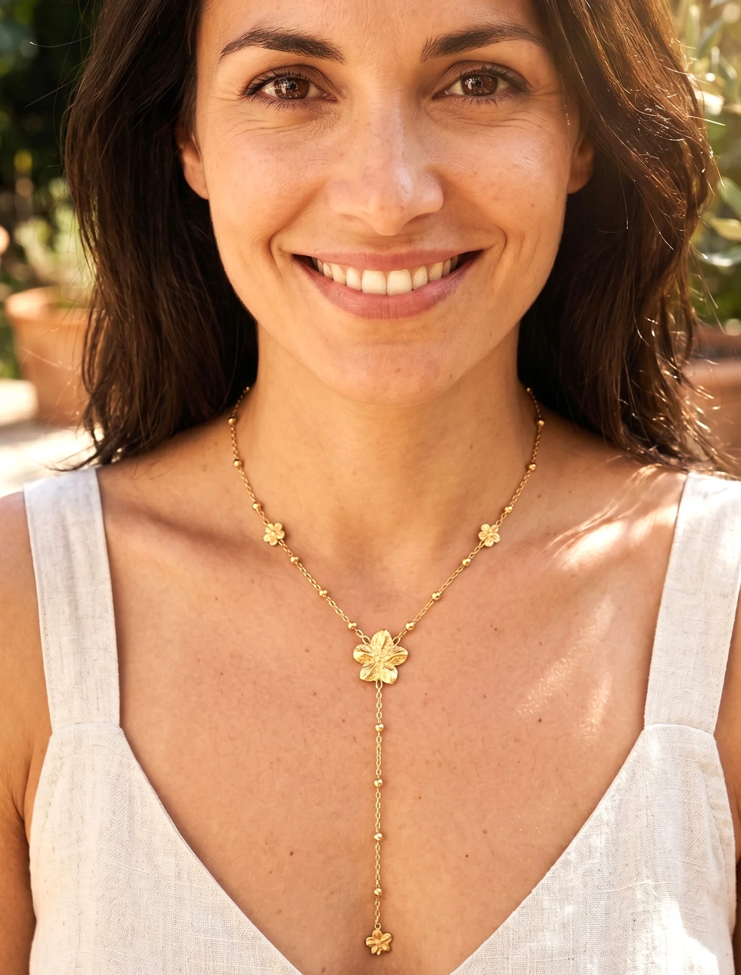 Y-ketting met kralen en bloemen - Goud